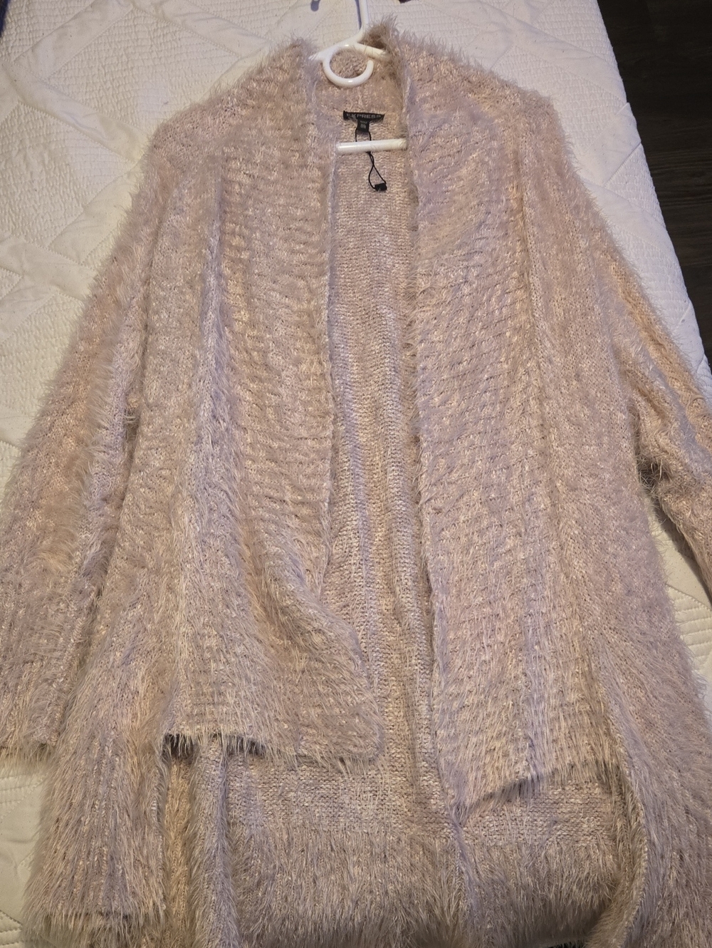 Express Fuzzy Open-Front Cardigan in Pale Blush